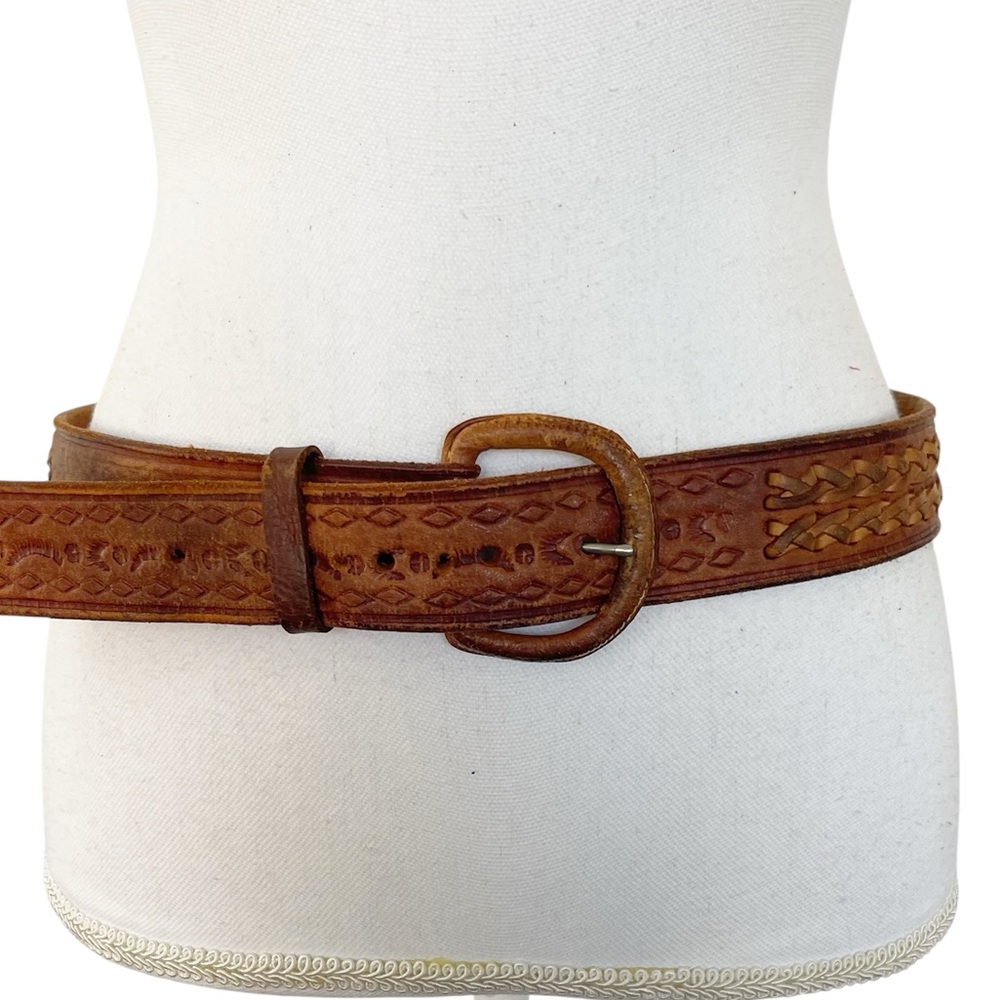 Vintage Brown Tooled Leather Belt 36 Boho Western Cowboy Distressed